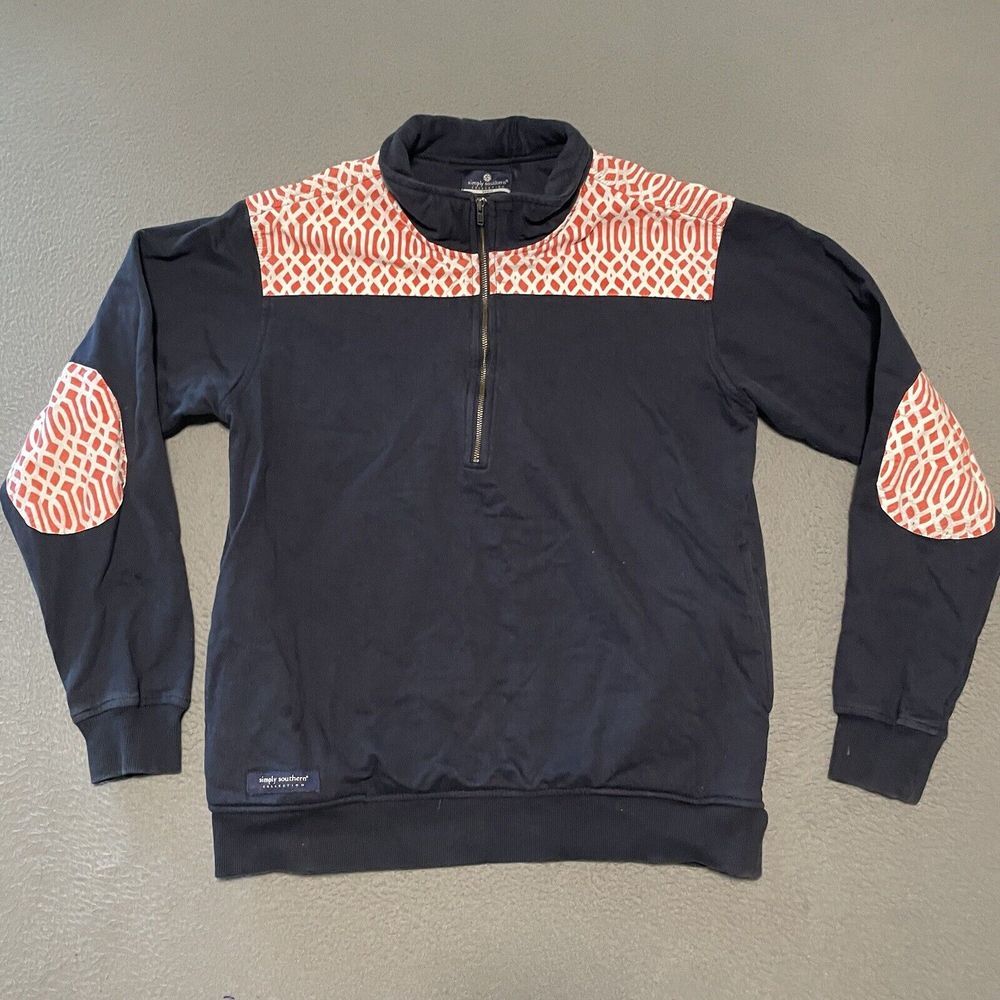 Simply Southern Sweater Women Blue Small Zip Up Pullover‎ Elbow Patch Spellout